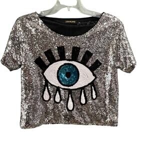 Denimland Sequin Eye Top Size Medium Quirky Graphic Crop Shirt Mystical Festival